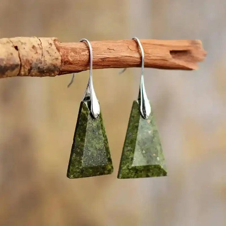 Trapezoid Natural Stone Drop Earrings with unique green gemstones for balance and positive vibes.