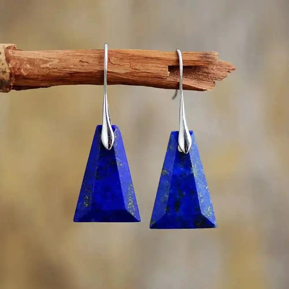 Lapis Lazuli Trapezoid Drop Earrings: Deep blue natural gemstones with gold flecks, promoting balance and positive vibes.