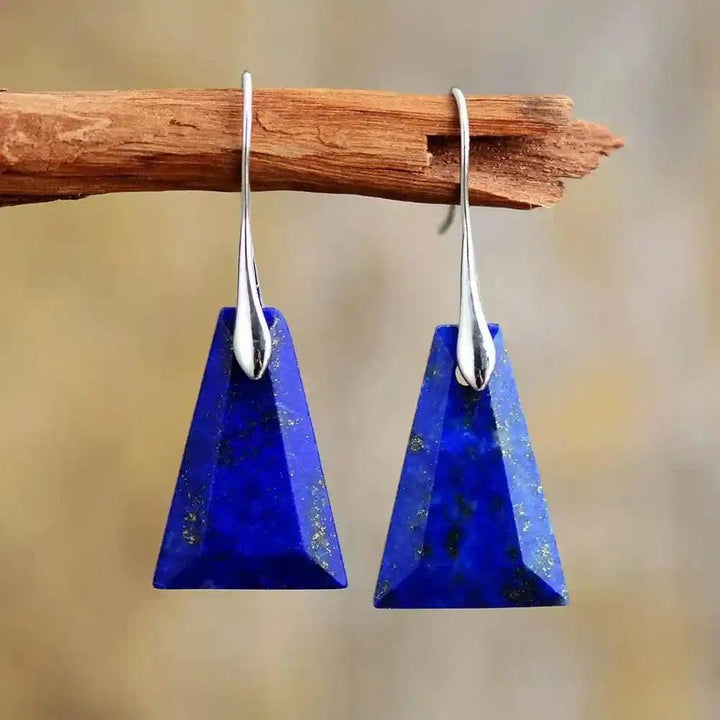 Trapezoid Lapis Lazuli Drop Earrings: Deep blue natural gemstones with gold flecks, promoting balance and positive vibes.