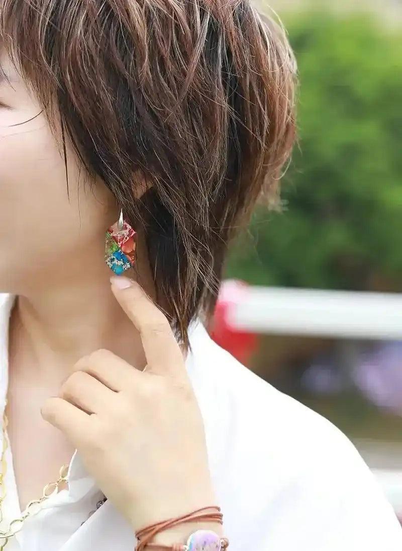 Crystal Destiny's natural stone geometric drop earrings with vibrant, multi-colored gemstones, promoting balance and positive energy.