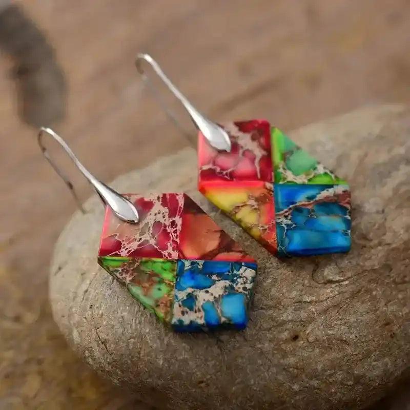 Crystal Destiny's vibrant natural stone geometric drop earrings with grounding, balancing, and positive energy properties.