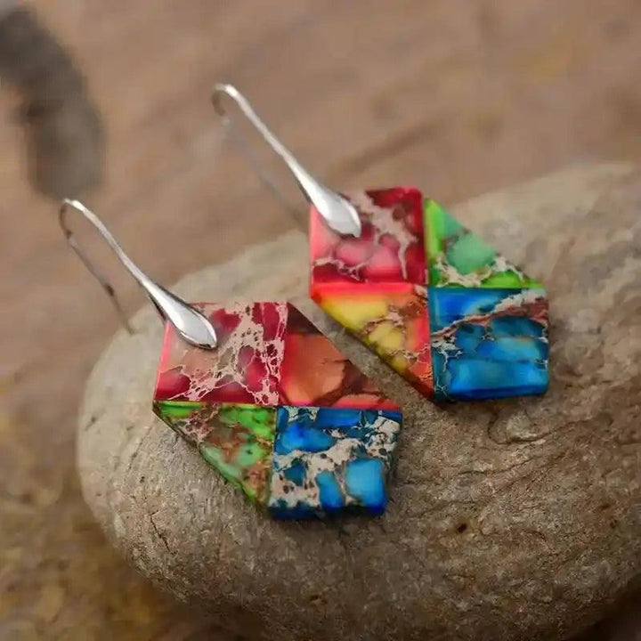 Crystal Destiny's vibrant natural stone geometric drop earrings with grounding, balancing, and positive energy properties.