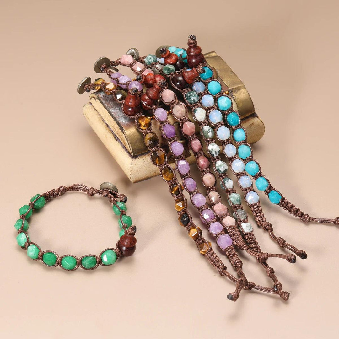 Assorted natural stone handwoven adjustable unisex bracelets, showcasing vibrant semi-precious beads and earthy cords for healing and grounding.