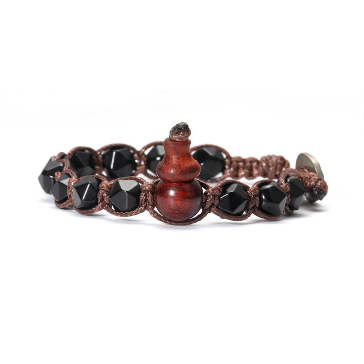 Natural Stone Handwoven Adjustable Unisex Bracelet with faceted black obsidian beads and a wooden gourd charm.