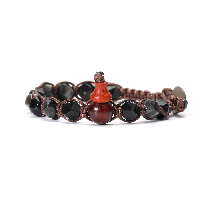 Natural Stone Handwoven Adjustable Unisex Bracelet with dark semi-precious stone beads and a unique wooden gourd charm.