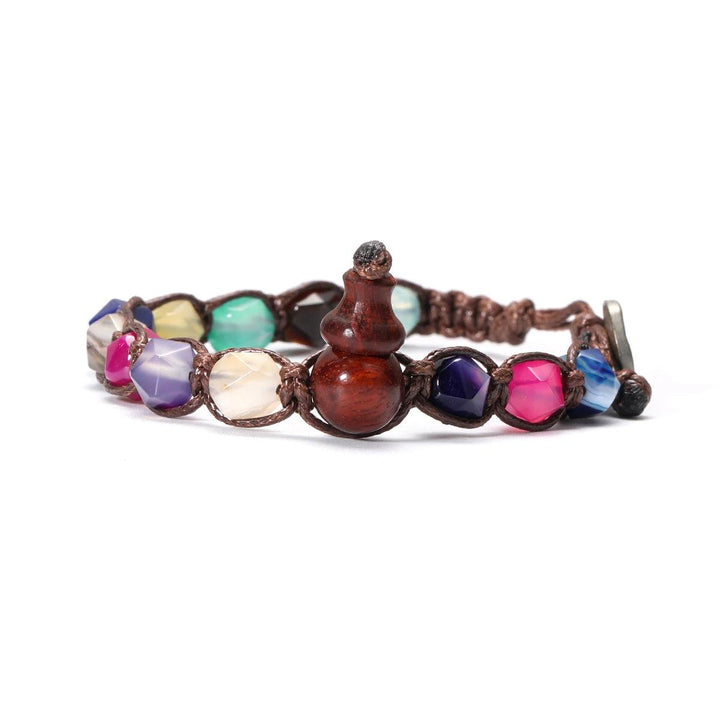 Natural Stone Handwoven Adjustable Unisex Bracelet with vibrant semi-precious beads and a unique wooden gourd accent.