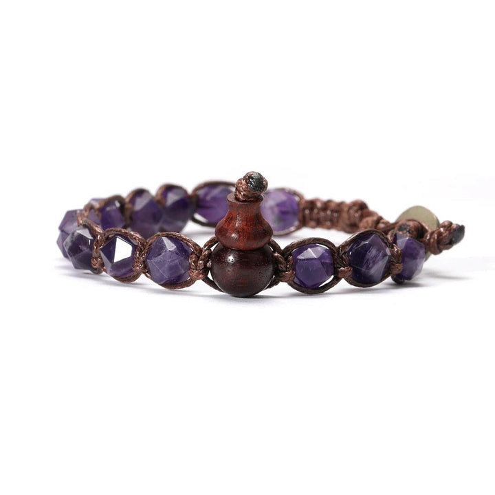 Natural Stone Handwoven Adjustable Unisex Bracelet with faceted purple Amethyst beads and a wooden gourd charm.