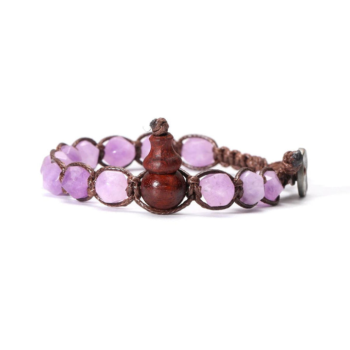 Amethyst Natural Stone Handwoven Adjustable Unisex Bracelet with a dark wood gourd charm, promoting healing and grounding.