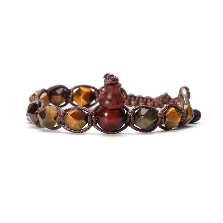 Tiger's Eye Natural Stone Handwoven Adjustable Unisex Bracelet with faceted beads and a wooden gourd charm.