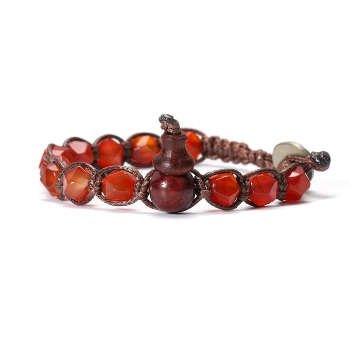Natural Stone Handwoven Adjustable Unisex Bracelet with vibrant red Carnelian beads and a unique wooden gourd charm.