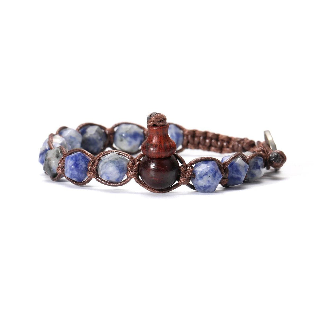 Natural Sodalite Stone Handwoven Adjustable Unisex Bracelet with grounding energy and unique wooden accent.