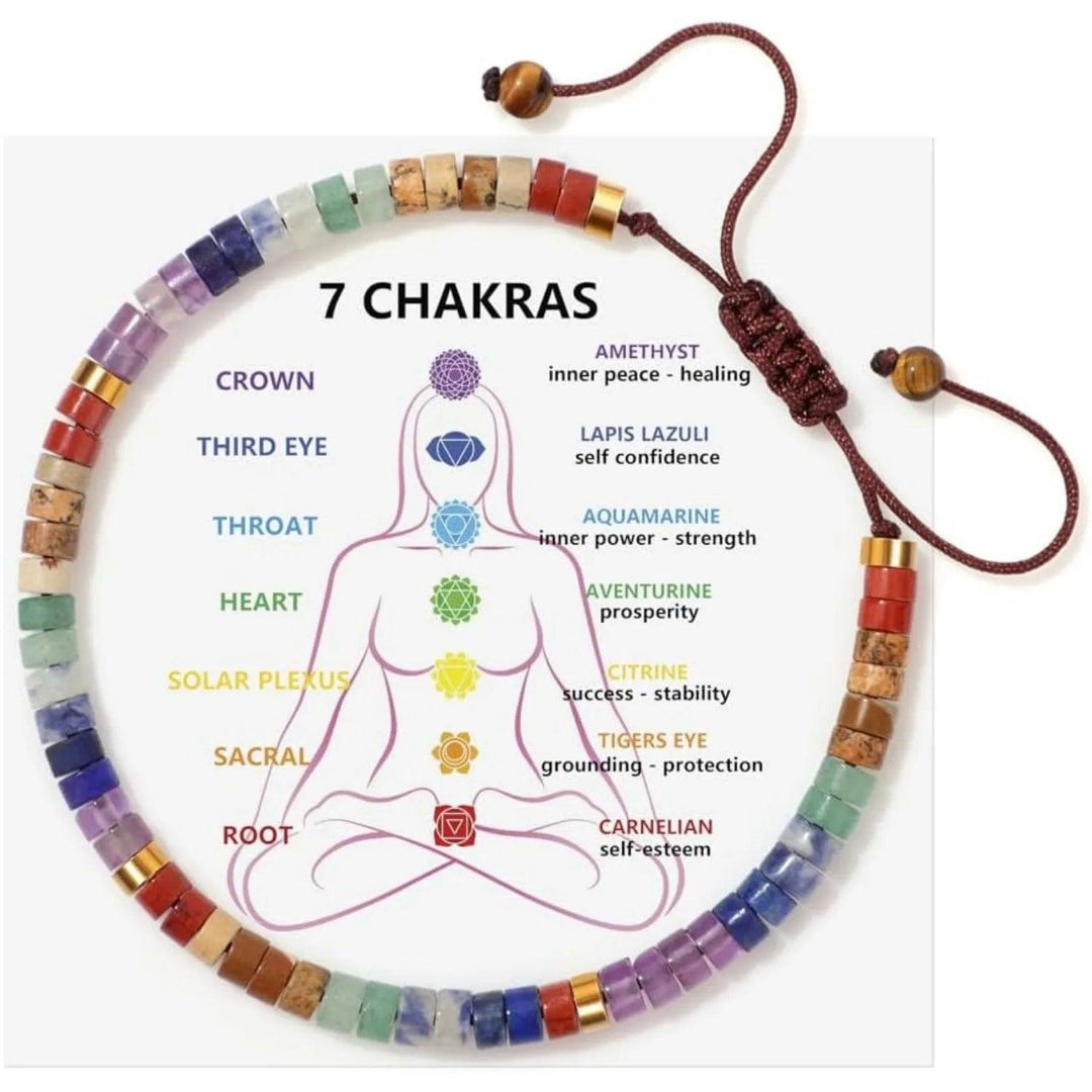 Natural Stone Seven Chakra Beaded Woven Unisex Bracelet with vibrant chakra colors for full-spectrum energy balance.