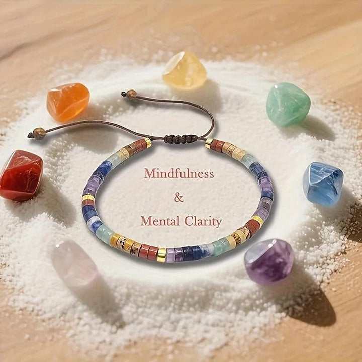 Natural Stone Seven Chakra Beaded Woven Unisex Bracelet for full-spectrum energy balance, mindfulness, and mental clarity.