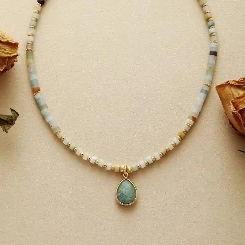 Natural Stone Teardrop Choker Necklace with Amazonite gemstone beads and a delicate gold-framed teardrop pendant.