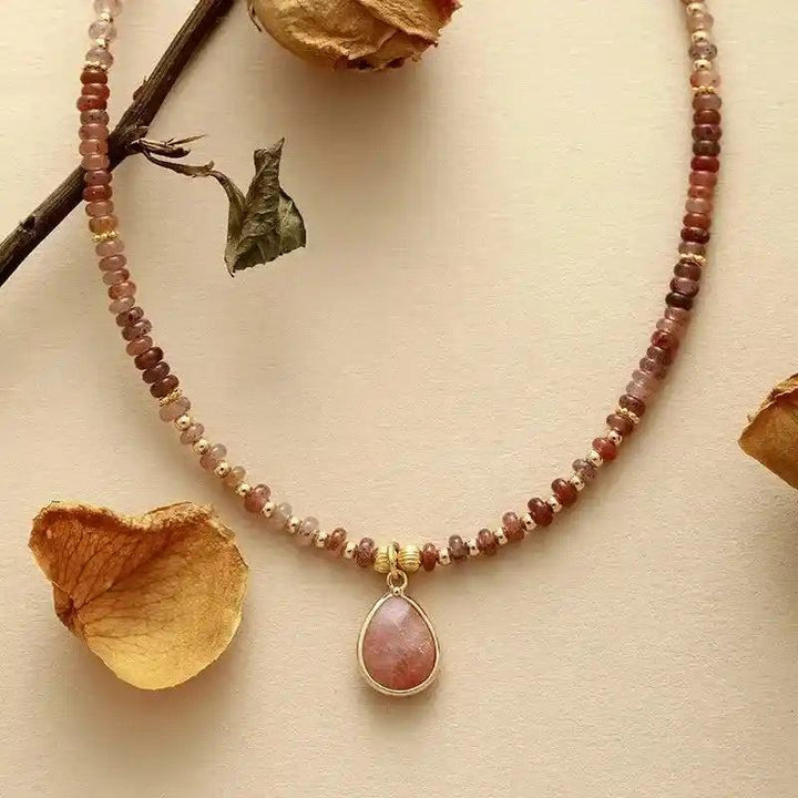 Natural Stone Teardrop Choker Necklace with unique pink gemstone beads for a chic, bohemian-inspired style.