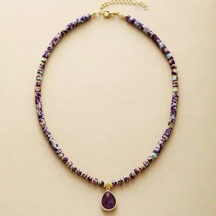 Natural Stone Teardrop Choker Necklace with purple gemstone beads and a gold-tone clasp, perfect for bohemian style.