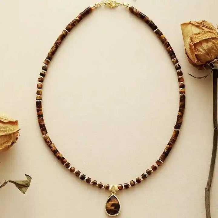 Natural Stone Teardrop Choker Necklace with brown Tiger's Eye beads and a unique teardrop pendant.