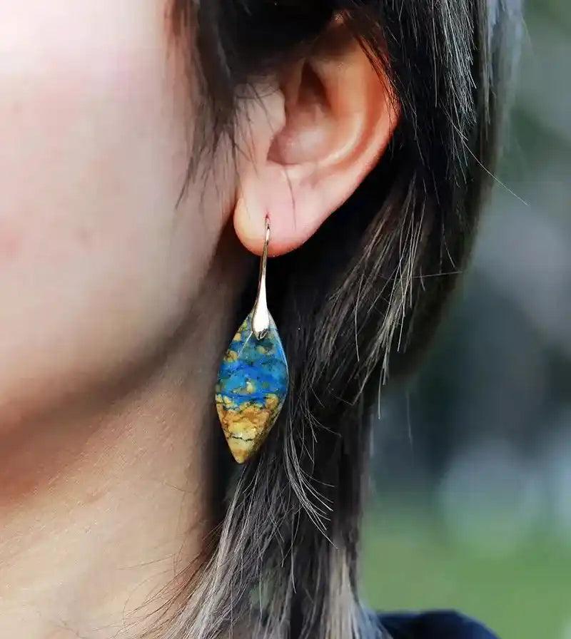 Natural Stone Waterdrop Earrings: Blue and gold gemstone with grounding properties, perfect for stylish, crystal-infused jewelry.