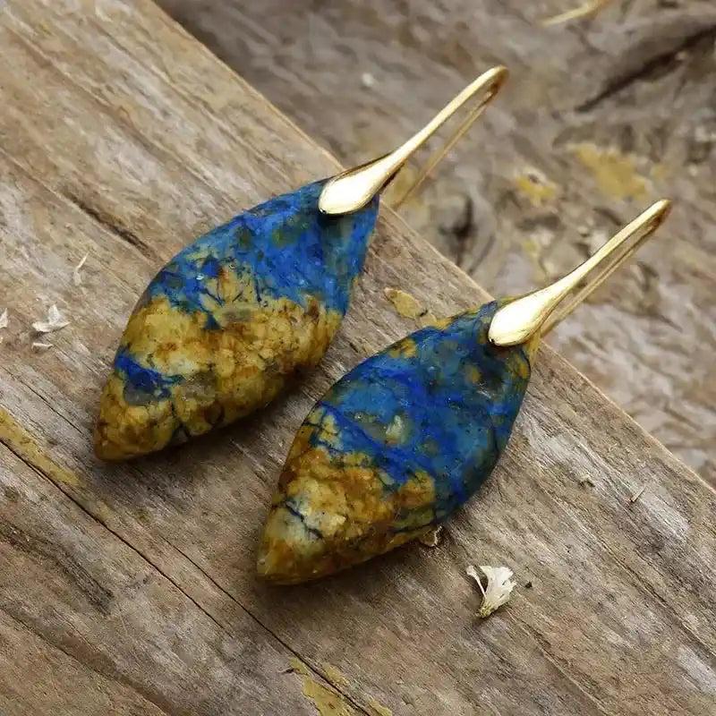 Natural Stone Waterdrop Earrings with blue and earthy brown hues, featuring grounding crystal energy.