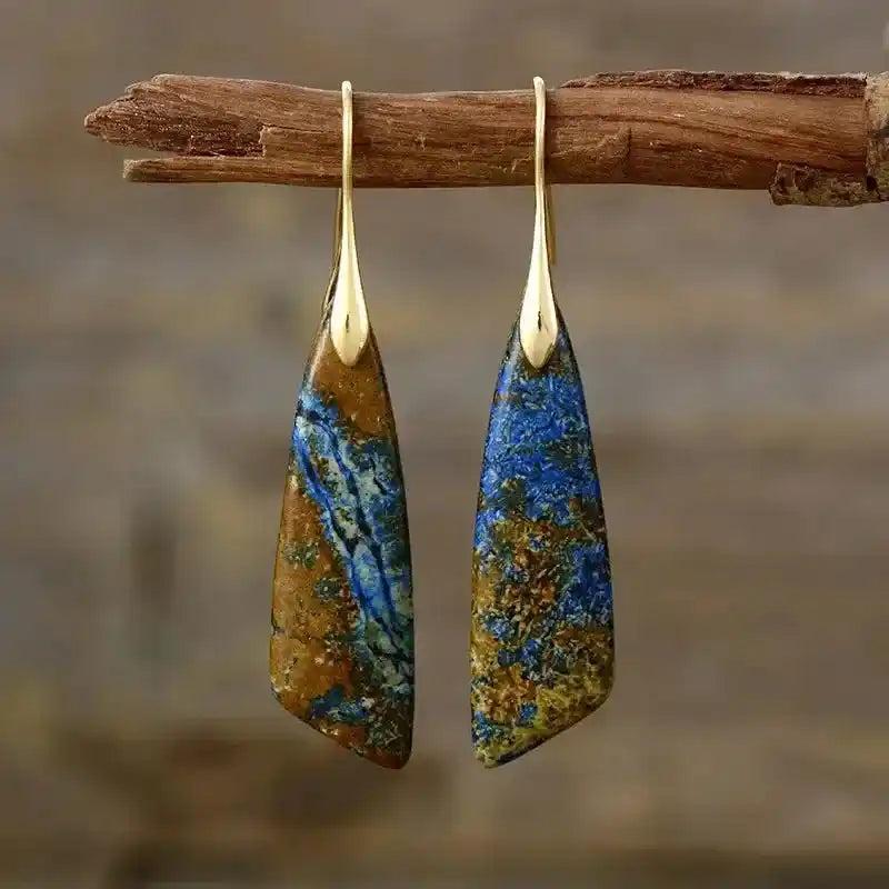 Natural Stone Waterdrop Earrings with unique blue and brown azurite-malachite patterns, offering grounding crystal energy.