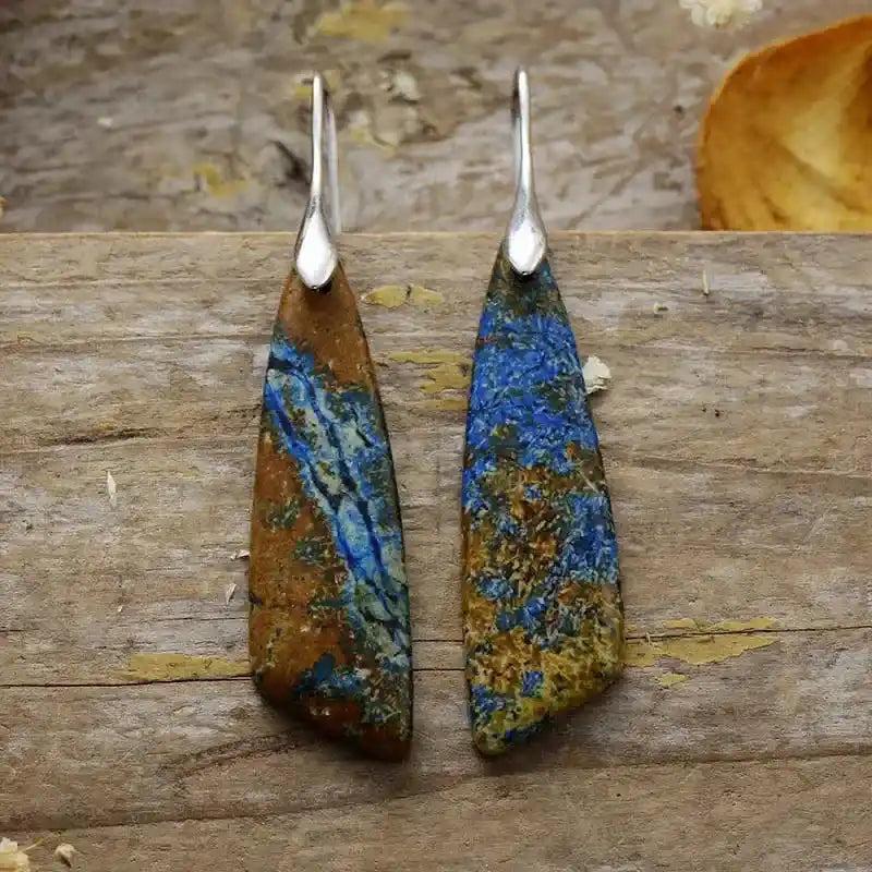 Natural Stone Waterdrop Earrings: Blue and brown azurite-malachite gemstones with silver hooks, offering grounding energy.