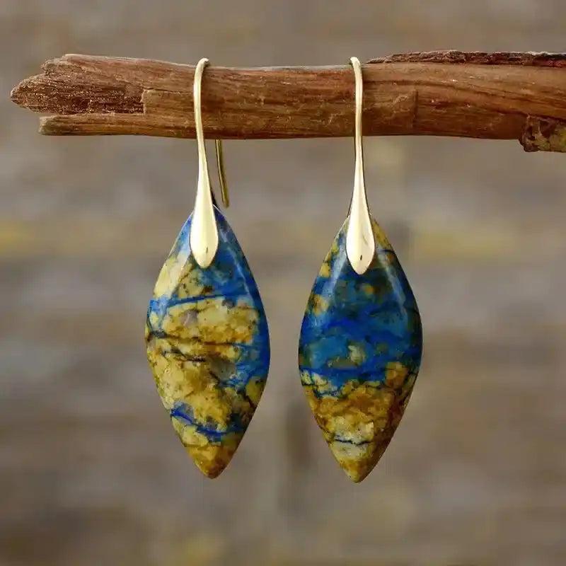 Natural Stone Waterdrop Earrings with blue and gold jasper, offering grounding crystal energy and bohemian style.
