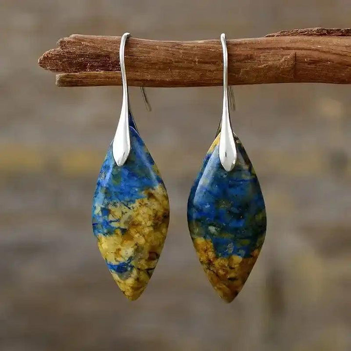 Natural Stone Waterdrop Earrings with unique blue and yellow patterns, offering grounding crystal energy.