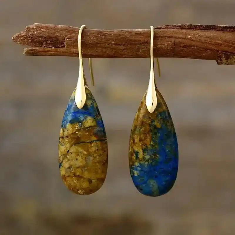 Natural Stone Waterdrop Earrings with unique blue and brown patterns, gold-tone hooks, offering grounding crystal energy.