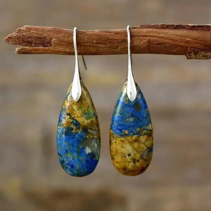 Natural Stone Waterdrop Earrings with blue and yellow azurite-malachite for grounding and balance.