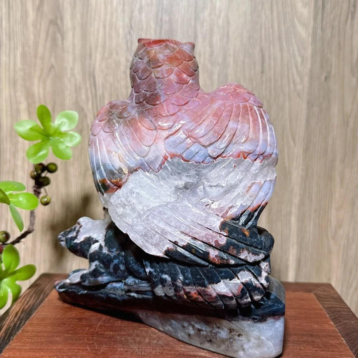 Hand-carved natural agate quartz owl catching mouse, a unique Feng Shui home decor ornament with vibrant colors.