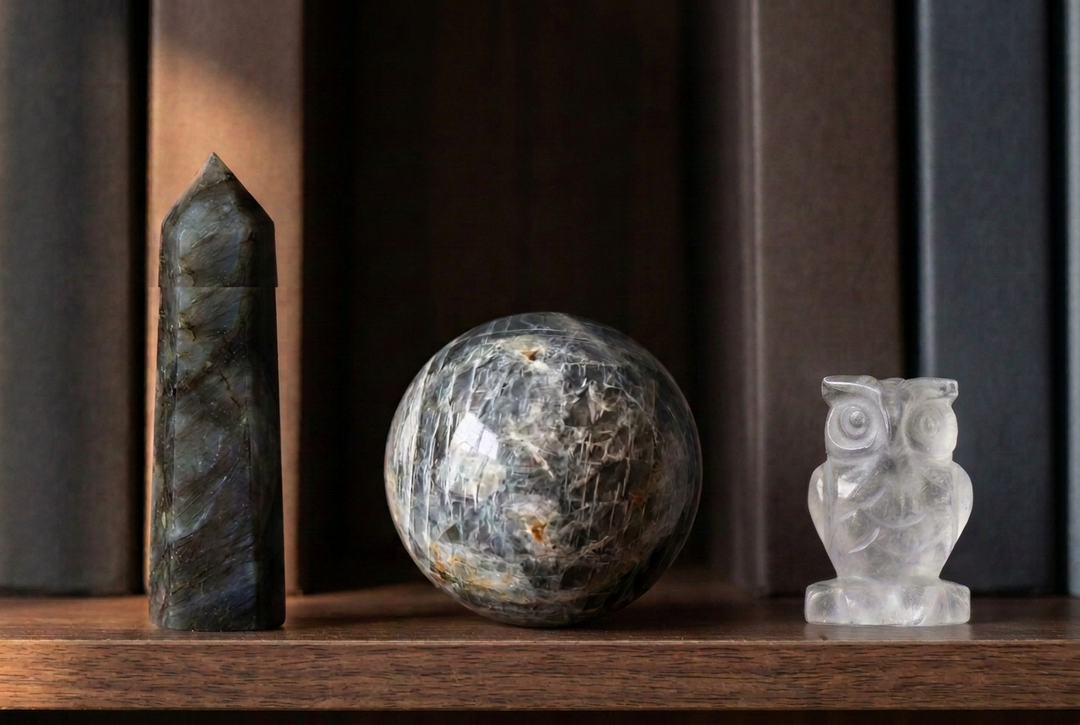 New Beginnings crystal set: Labradorite, Grey Moonstone and Clear Quartz on a bookshelf