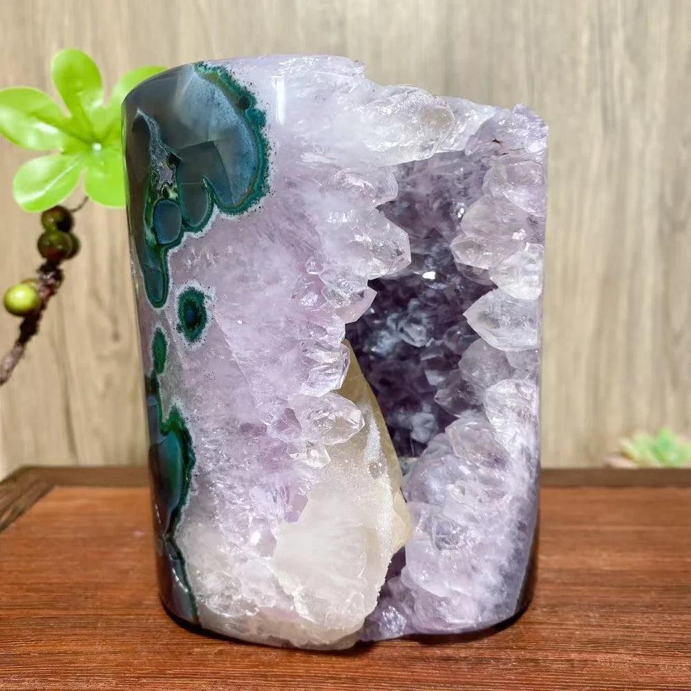 Raw amethyst and agate crystal geode ornament with purple quartz clusters and green accents for healing home decor.