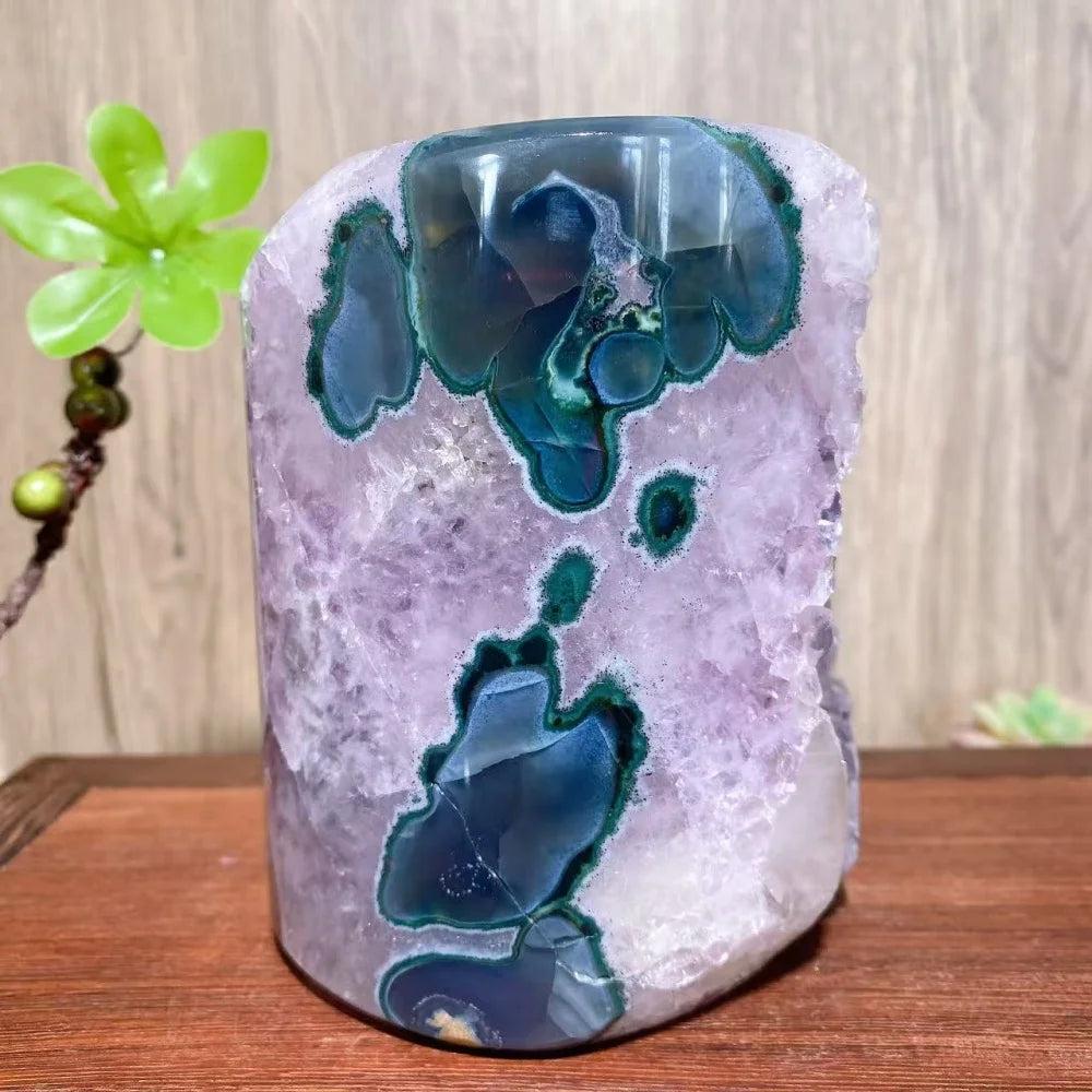 Raw Amethyst and Agate crystal ornament with vibrant purple and deep green patterns for healing home decor.