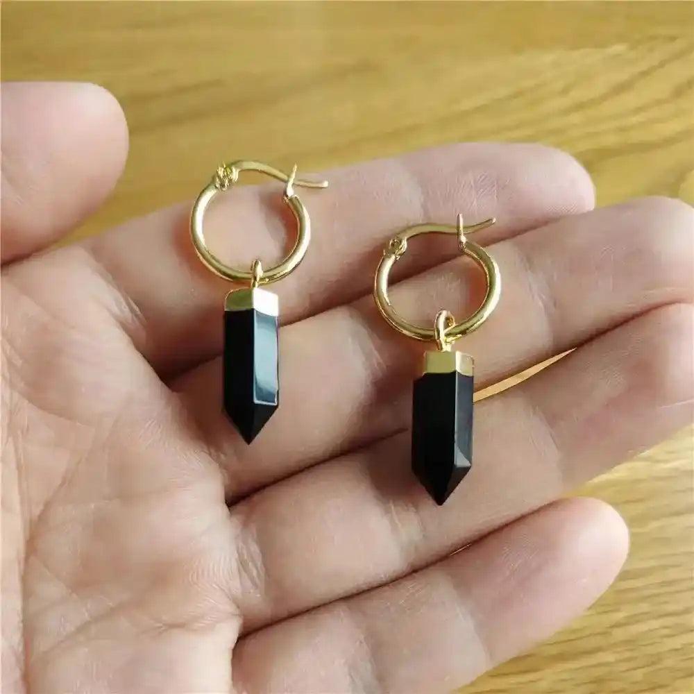 Sleek Obsidian Point Dangle Earrings with gold-plated hooks, offering powerful protection and genuine crystal energy.