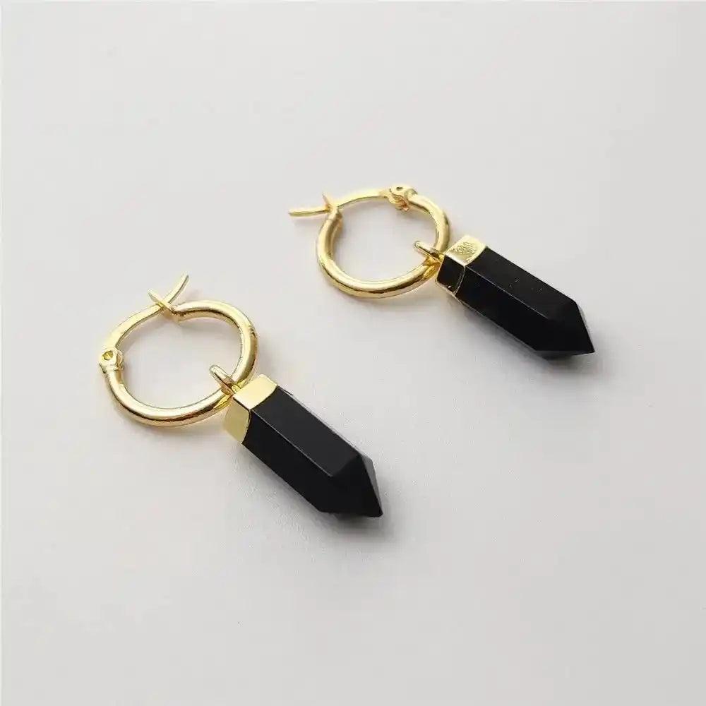 Sleek Obsidian Point Dangle Earrings with gold-plated hoops, offering powerful protection and grounding Root Chakra energy.