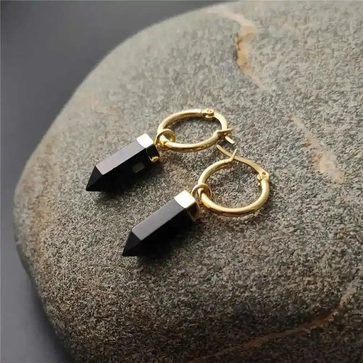 Crystal Destiny's Obsidian Point Dangle Earrings with gold-plated hoops, offering protection and Root Chakra healing.