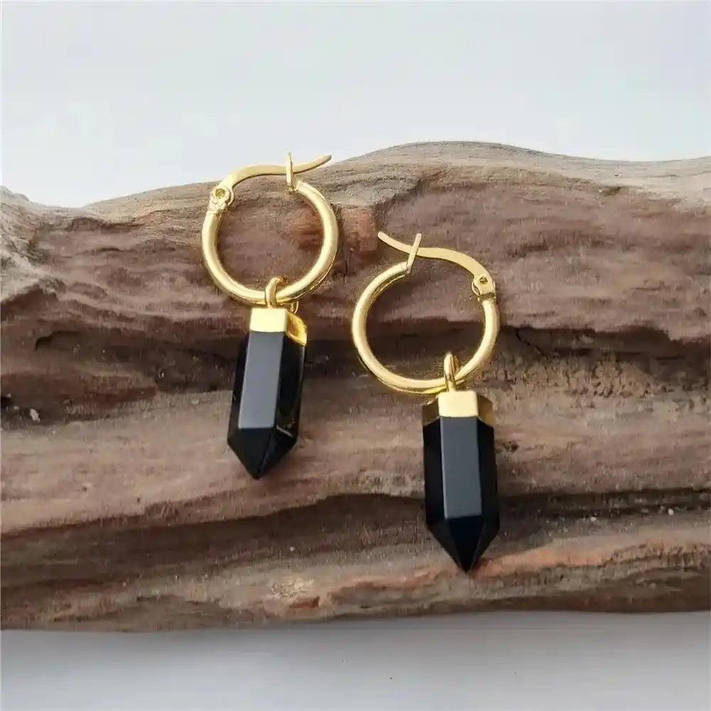 Crystal Destiny Obsidian Point Dangle Earrings with sleek black crystal drops and gold-plated hoops for protection.