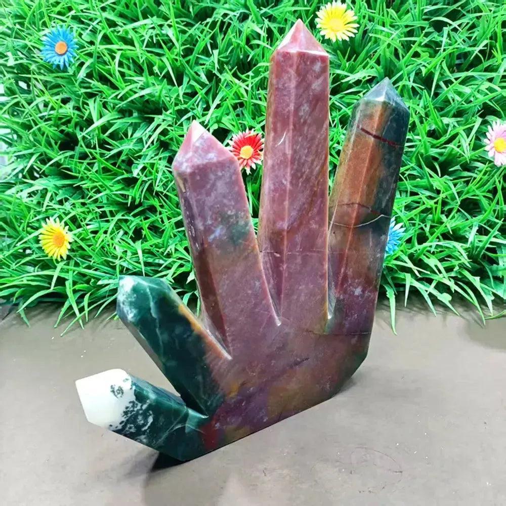 Ocean Jasper 5-point crystal tower with green, cream, pink, and rust orbicular patterns.