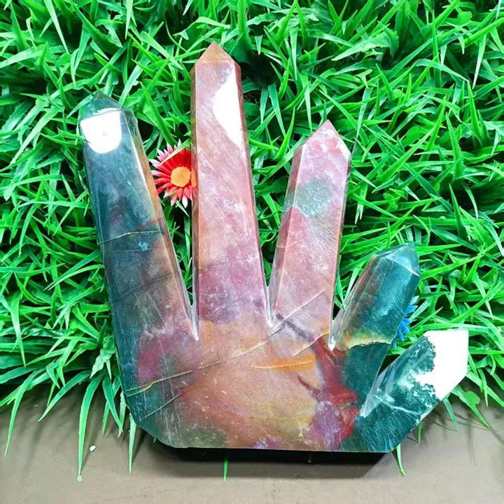 Large Ocean Jasper 5-point crystal tower in green, cream, pink, and rust, radiating joy and calm.