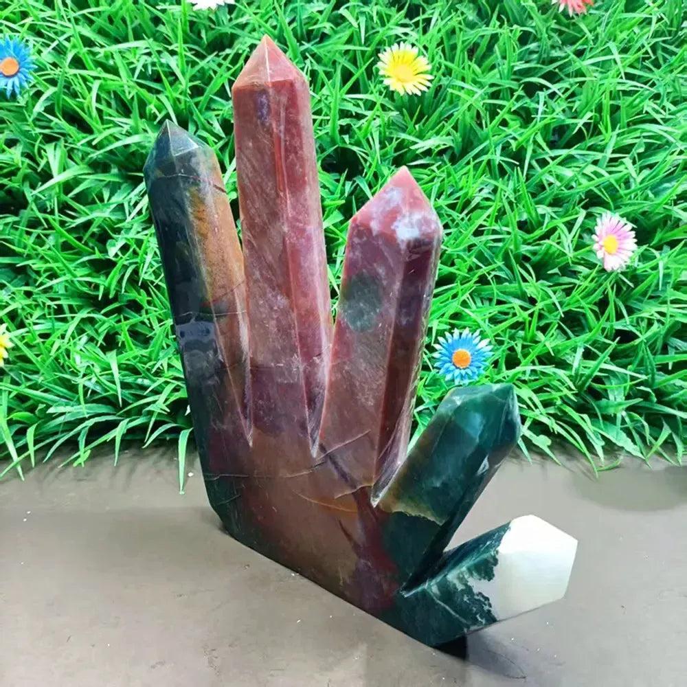 Large Ocean Jasper 5-point crystal tower with green, cream, pink, and rust orbicular patterns, radiating joy.