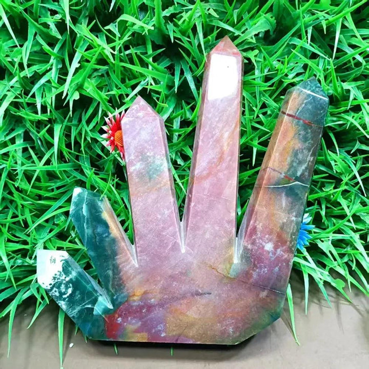 Large Ocean Jasper 5-point crystal tower in green, cream, pink, and rust, radiating joy and calm.