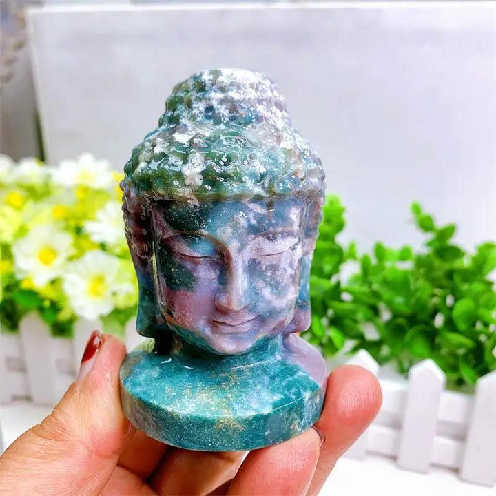 Ocean Jasper Buddha head statue, 80mm, with swirling green, cream, pink, and purple patterns for peace and healing.