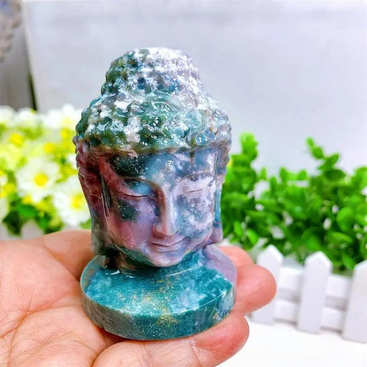 Ocean Jasper Buddha head statue, 80mm, with swirling greens, creams, pinks, and purples, symbolizing peace and healing.