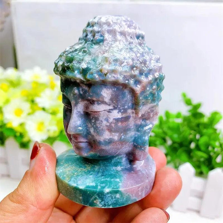 Ocean Jasper Buddha head statue, 80mm, with swirling greens, creams, pinks, and purples, symbolizing peace and healing.