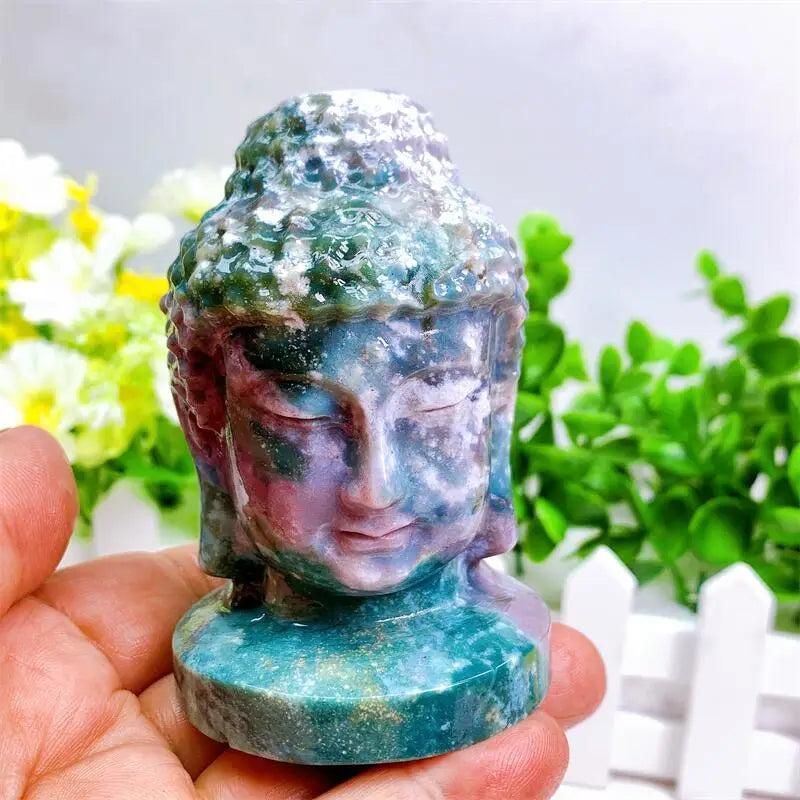 Ocean Jasper Buddha head statue, 80mm, with swirling greens, creams, pinks, and purples, symbolizing peace and healing.