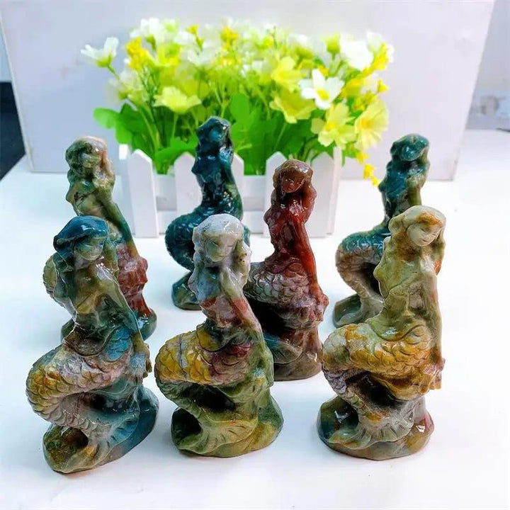 Ocean Jasper mermaid statues, 115mm, in swirling greens, creams, and pinks, symbolizing healing and peace.