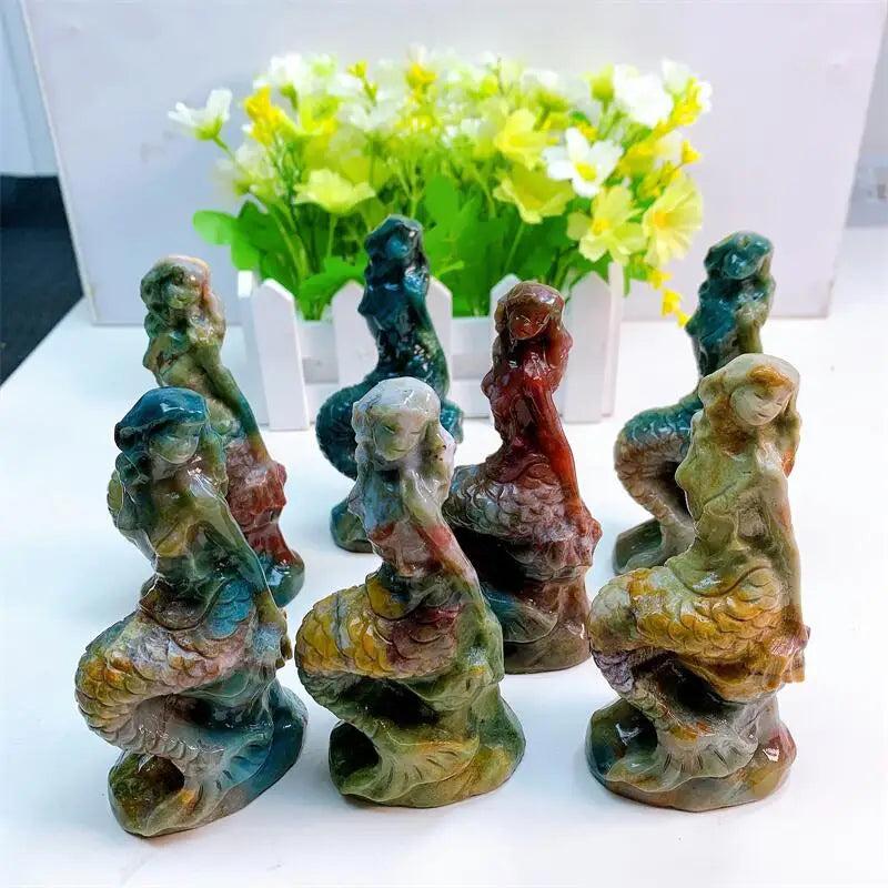Ocean Jasper mermaid statues, 115mm, in swirling greens, creams, pinks, and blues, symbolizing healing and peace.