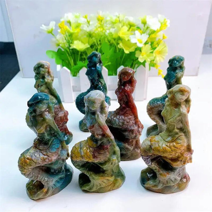 Ocean Jasper mermaid statues, 115mm, in swirling greens, creams, pinks, and blues, symbolizing healing and peace.