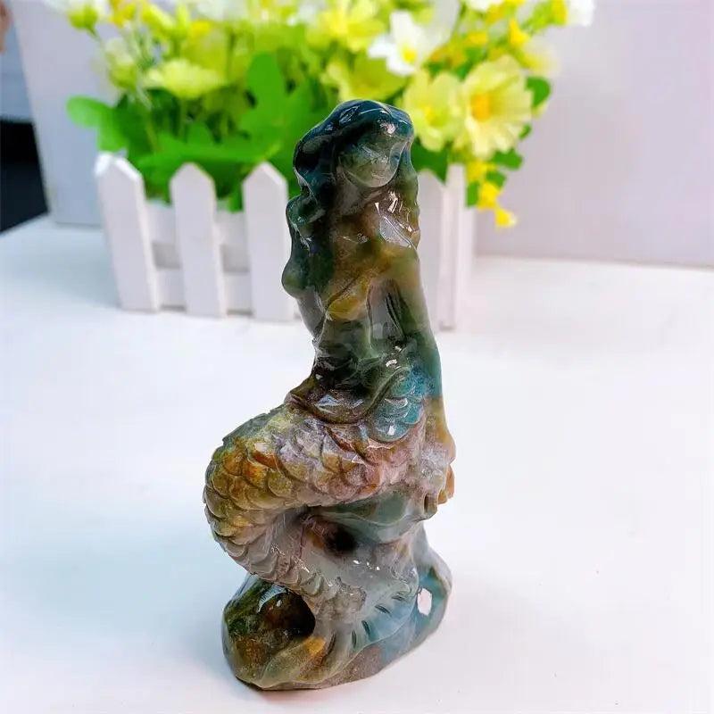 Ocean Jasper mermaid statue, 115mm, with swirling greens, creams, and soft pinks, symbolizing healing and peace.