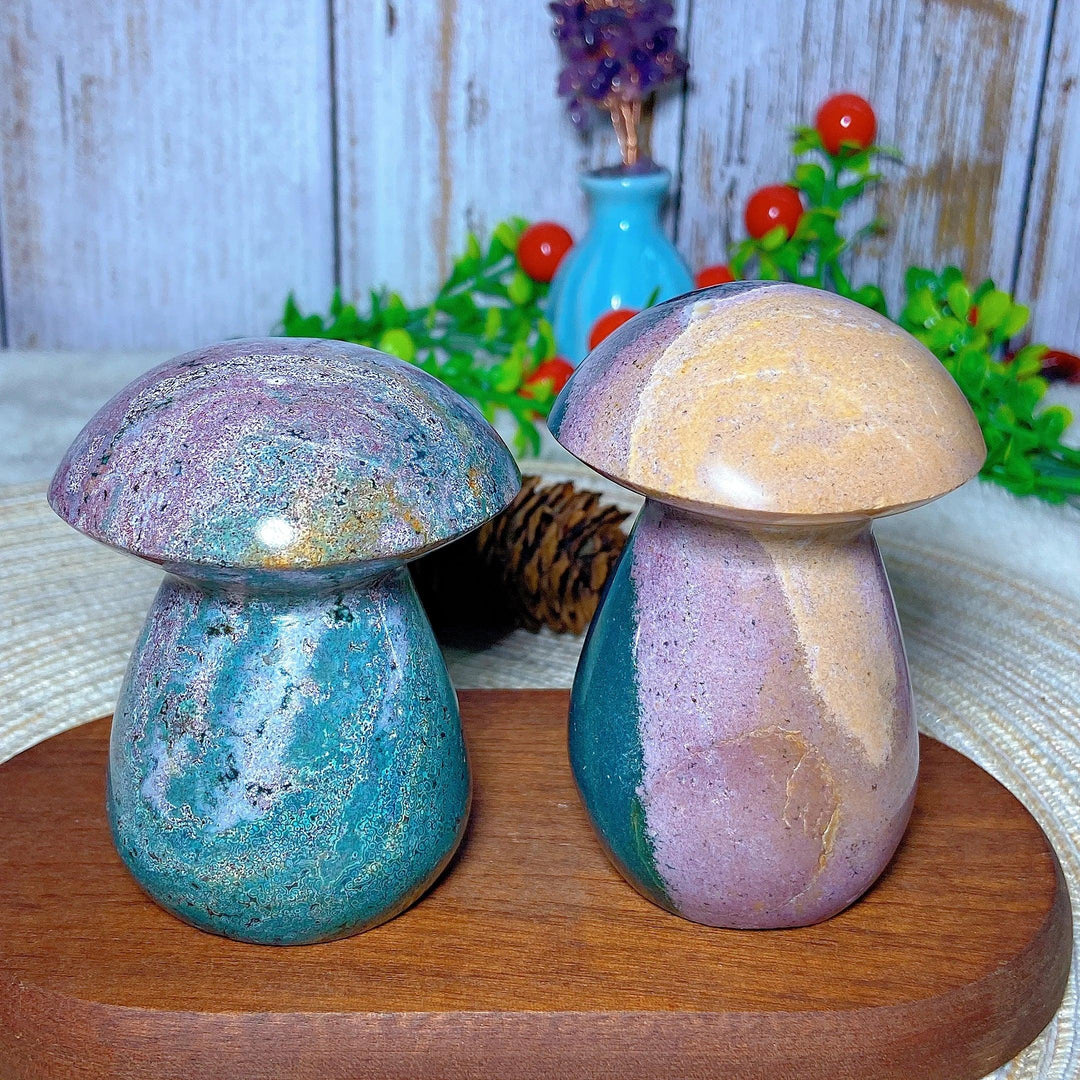 Colorful Ocean Jasper mushroom carvings with druzy, perfect for Reiki and home decor. Natural gemstone energy gift.
